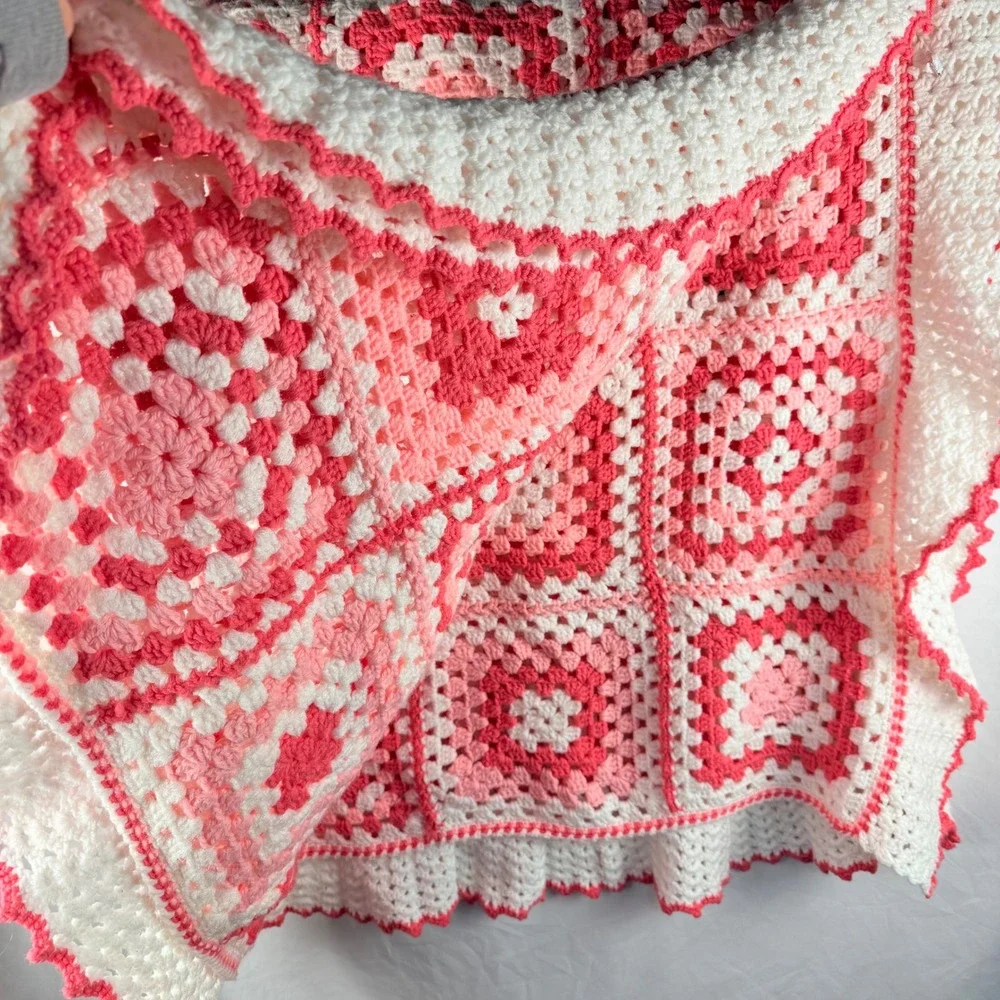Large Handmade Crocheted Blanket Red Pink White Granny Square 84x130 Cottagecore